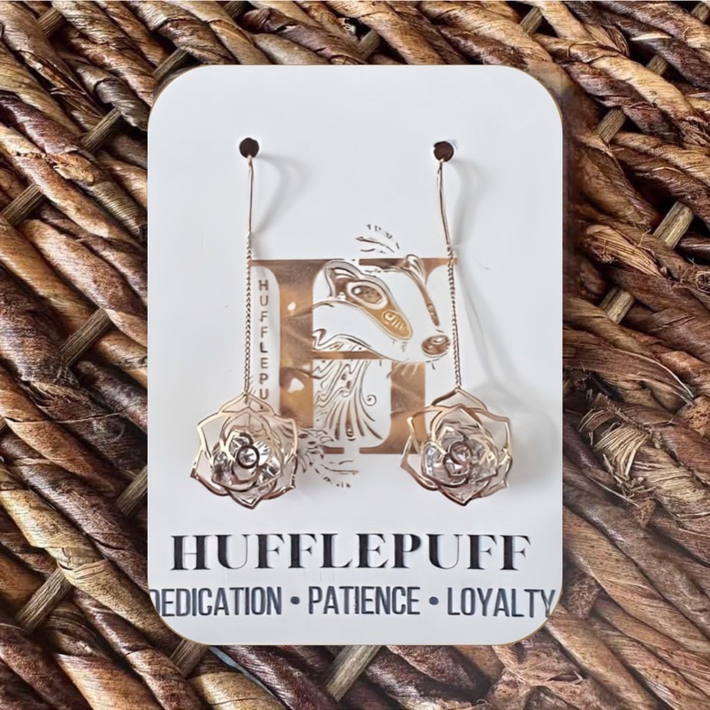 New "Hufflepuff" (Harry Potter) Gold-Tone Rose Outline Threader Earrings